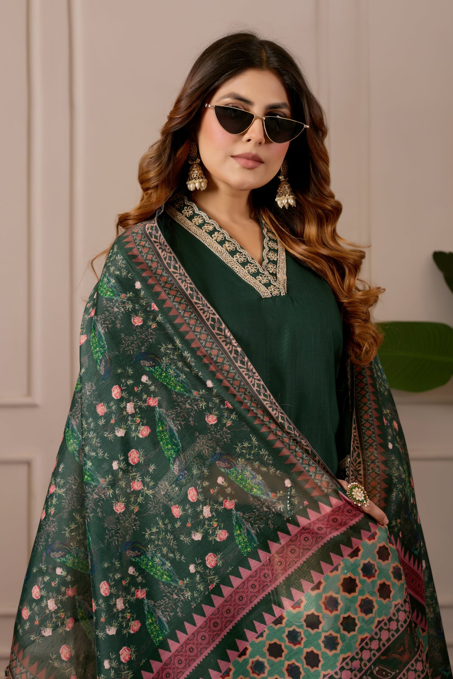 Green Embroidered Kurta Set with Printed Dupatta, 3 Piece Suit