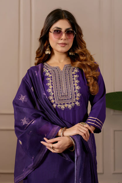 Purple Embroidered Straight Kurta with Trousers & Dupatta