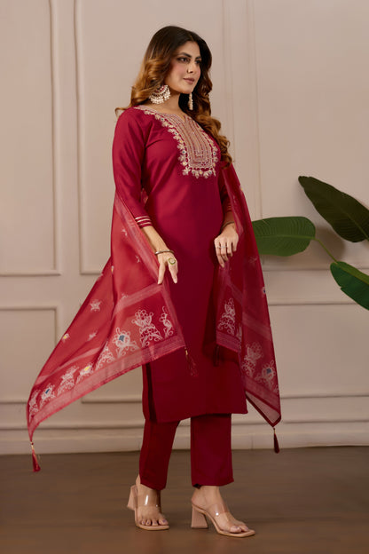 Red Embroidered Straight Kurta with Trousers & Dupatta