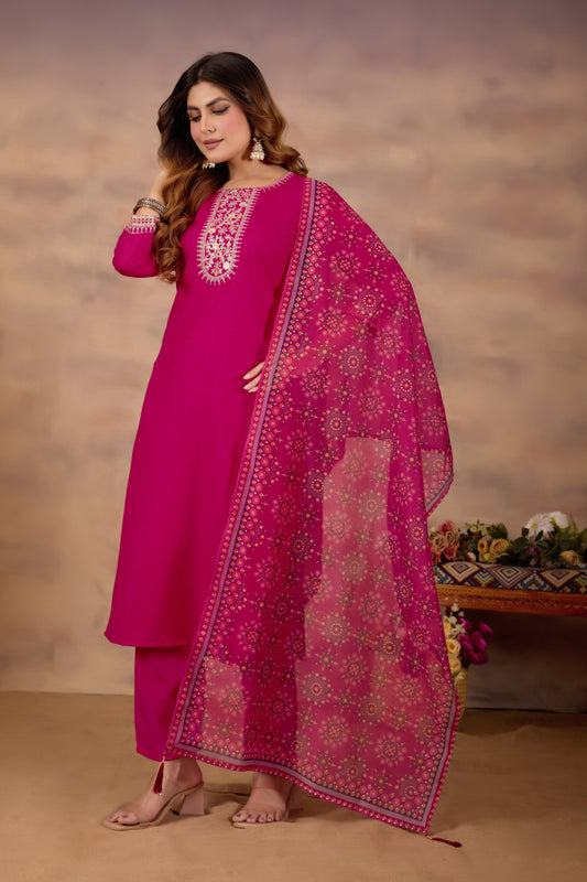 Pink Ethnic Embroidered Thread Work Kurta with Trousers & Dupatta.