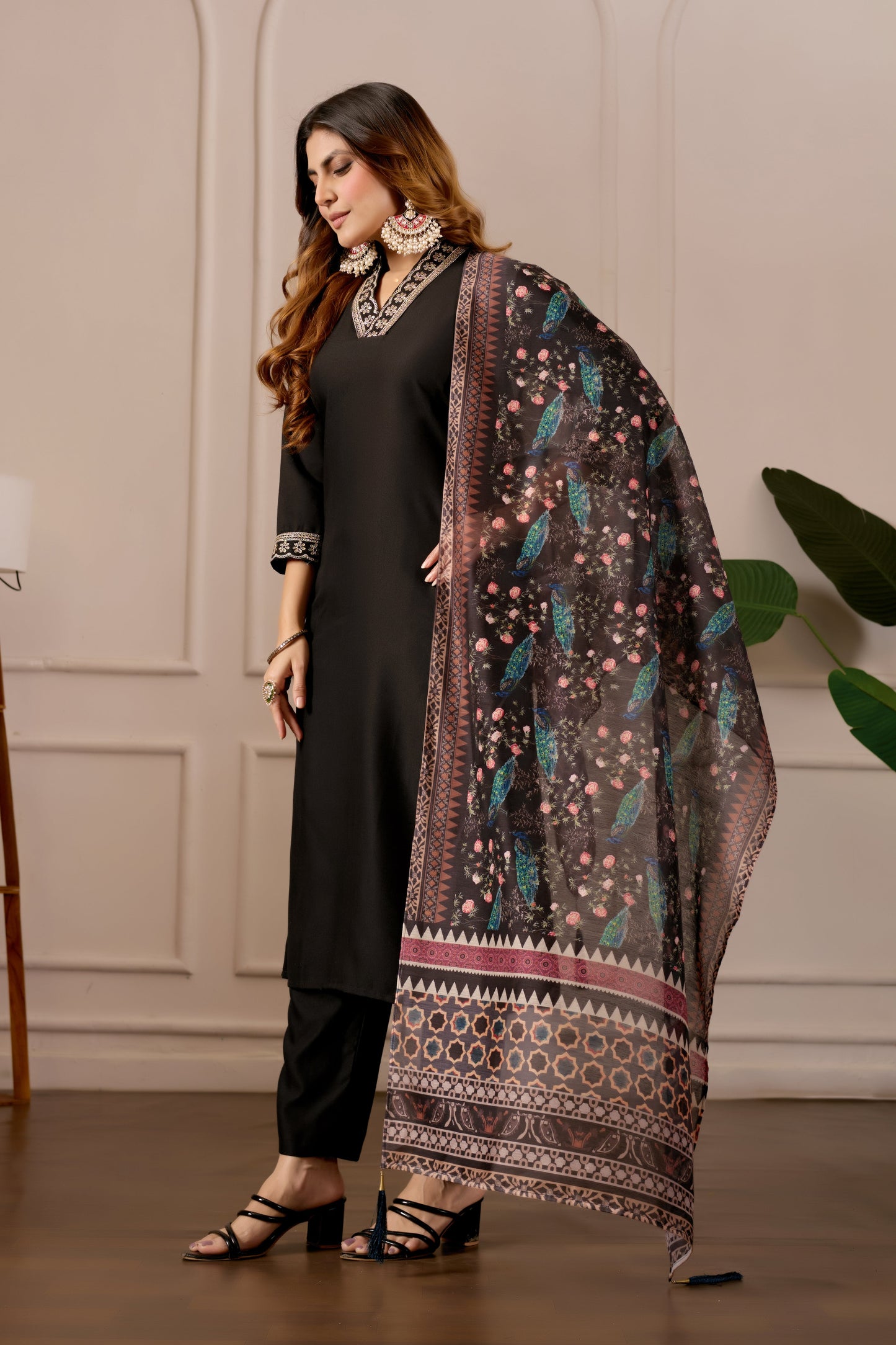 Black Embroidered Kurta Set with Printed Dupatta, 3 Piece Suit