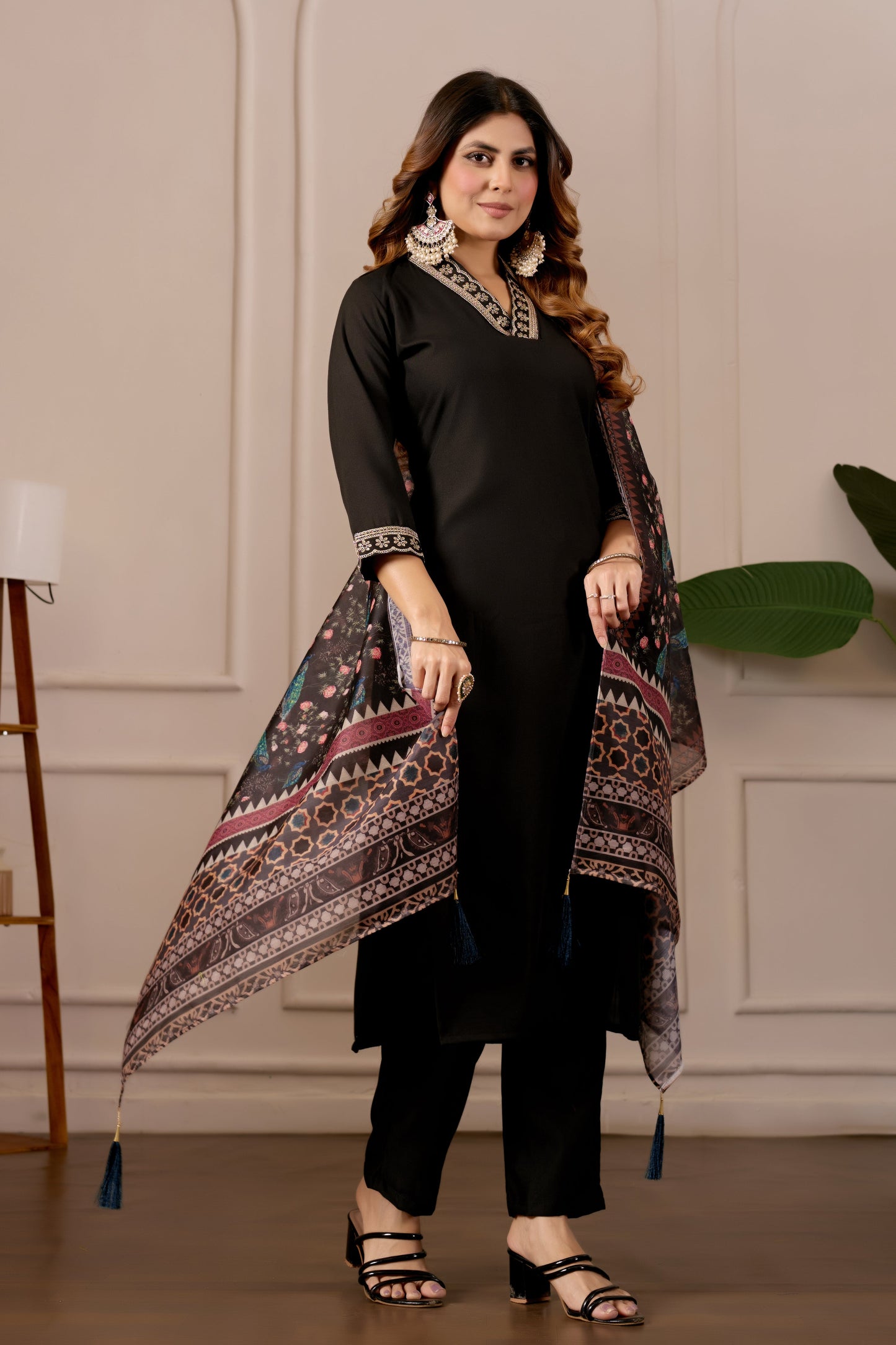 Black Embroidered Kurta Set with Printed Dupatta, 3 Piece Suit