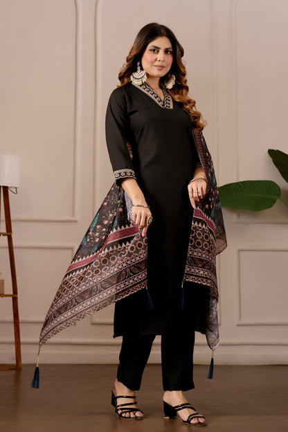 Black Embroidered Kurta Set with Printed Dupatta, 3 Piece Suit