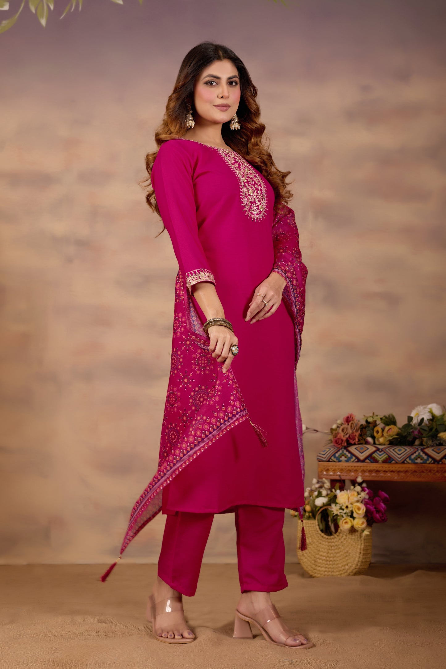 Pink Ethnic Embroidered Thread Work Kurta with Trousers & Dupatta.