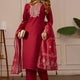 Red Embroidered Straight Kurta with Trousers & Dupatta
