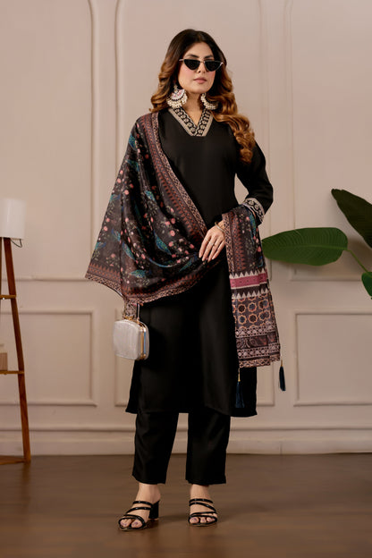 Black Embroidered Kurta Set with Printed Dupatta, 3 Piece Suit