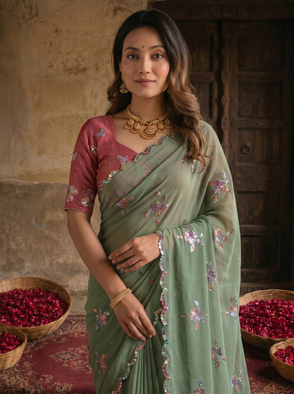 Sage Green Georgette Embroidered Saree with Floral Sequin Work & Designer Blouse