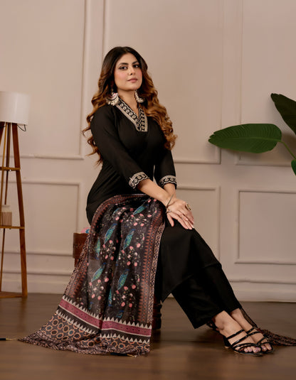 Black Embroidered Kurta Set with Printed Dupatta, 3 Piece Suit
