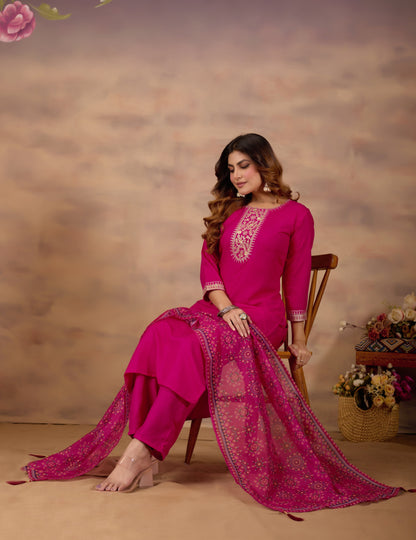Pink Ethnic Embroidered Thread Work Kurta with Trousers & Dupatta.