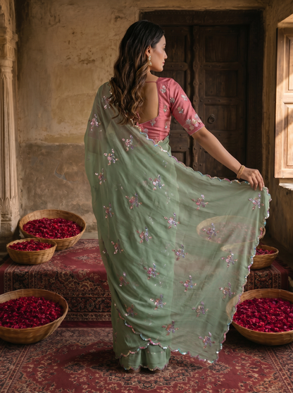 Sage Green Georgette Embroidered Saree with Floral Sequin Work & Designer Blouse