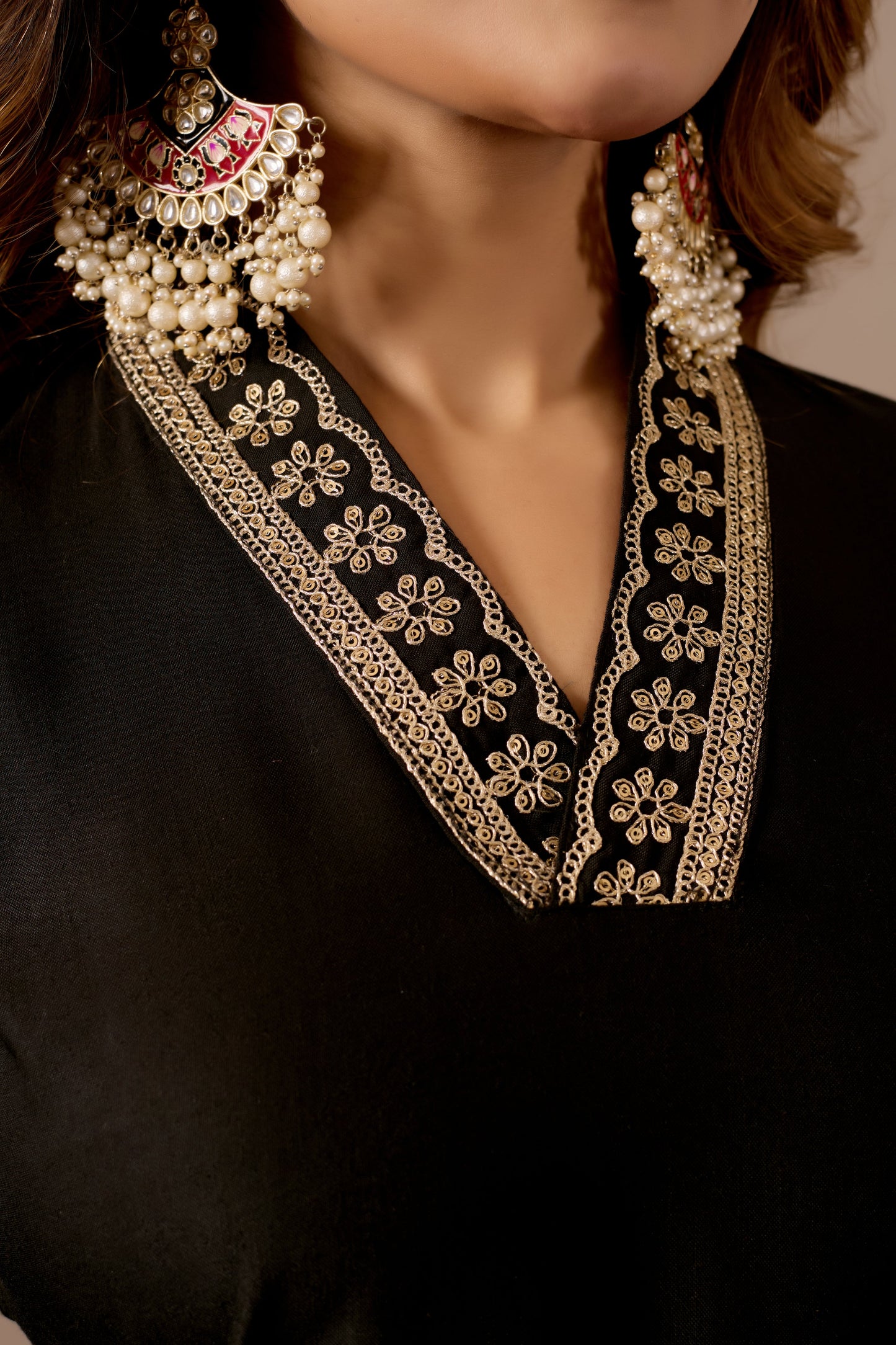 Black Embroidered Kurta Set with Printed Dupatta, 3 Piece Suit