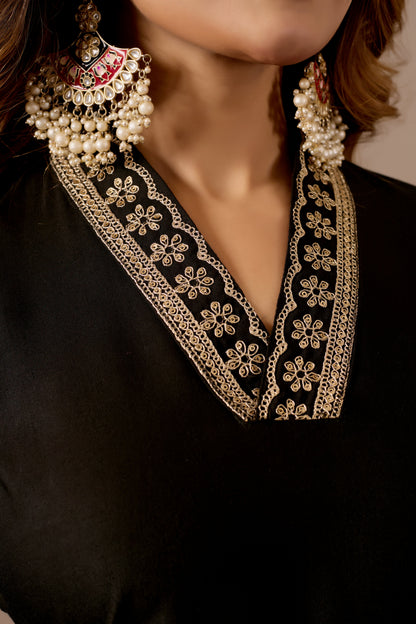 Black Embroidered Kurta Set with Printed Dupatta, 3 Piece Suit