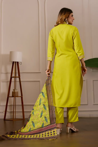 Yellow Embroidered Kurta Set with Printed Dupatta, 3 Piece Suit