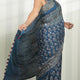 Steel Blue Modal Silk Ajrakh Print Saree with Floral Motifs, Designer Pallu & Tassel Border | Traditional Ethnic Wear Saree