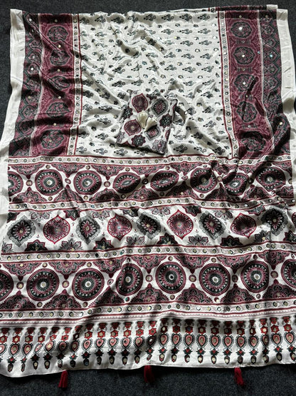 Ivory Modal Silk Ajrakh Printed Saree with Traditional Floral Motifs, Heritage Border & Tassel Detailing