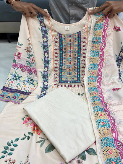 Cream Pure Lilac Silk Printed & Real Mirror With Embroidery Work Suit Set