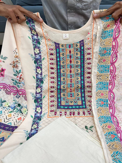 Cream Pure Lilac Silk Printed & Real Mirror With Embroidery Work Suit Set