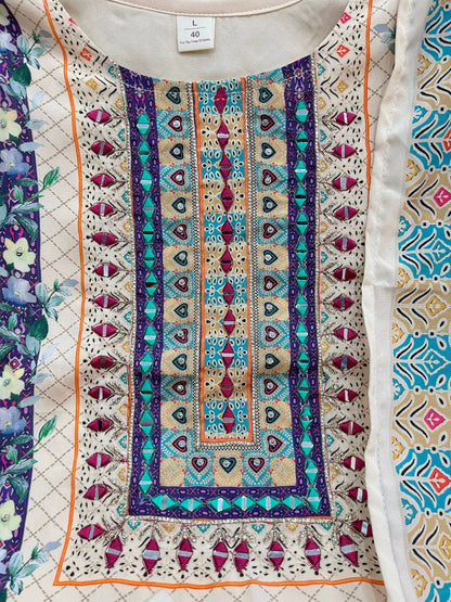 Cream Pure Lilac Silk Printed & Real Mirror With Embroidery Work Suit Set