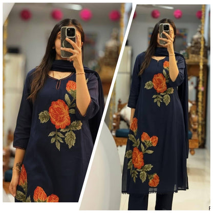 Summer Premium Cotton Rose Embroidery Kurta Pant Dupatta Set