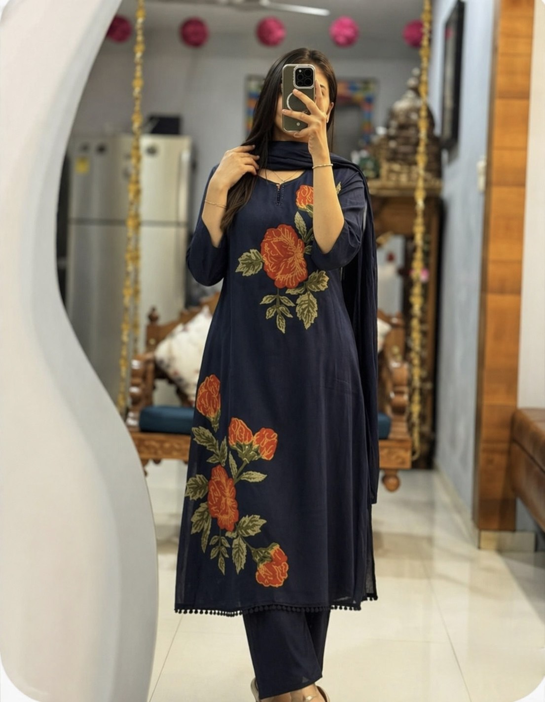 Summer Premium Cotton Rose Embroidery Kurta Pant Dupatta Set