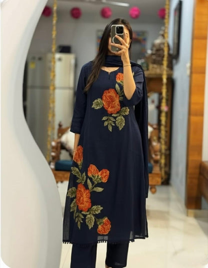 Summer Premium Cotton Rose Embroidery Kurta Pant Dupatta Set