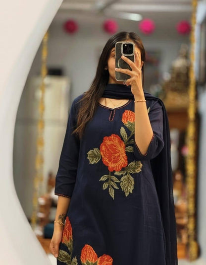 Summer Premium Cotton Rose Embroidery Kurta Pant Dupatta Set