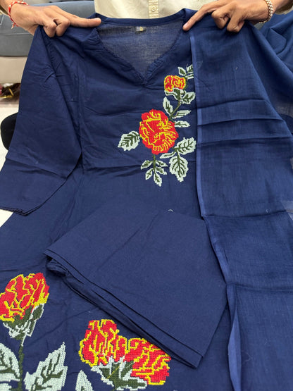 Summer Premium Cotton Rose Embroidery Kurta Pant Dupatta Set