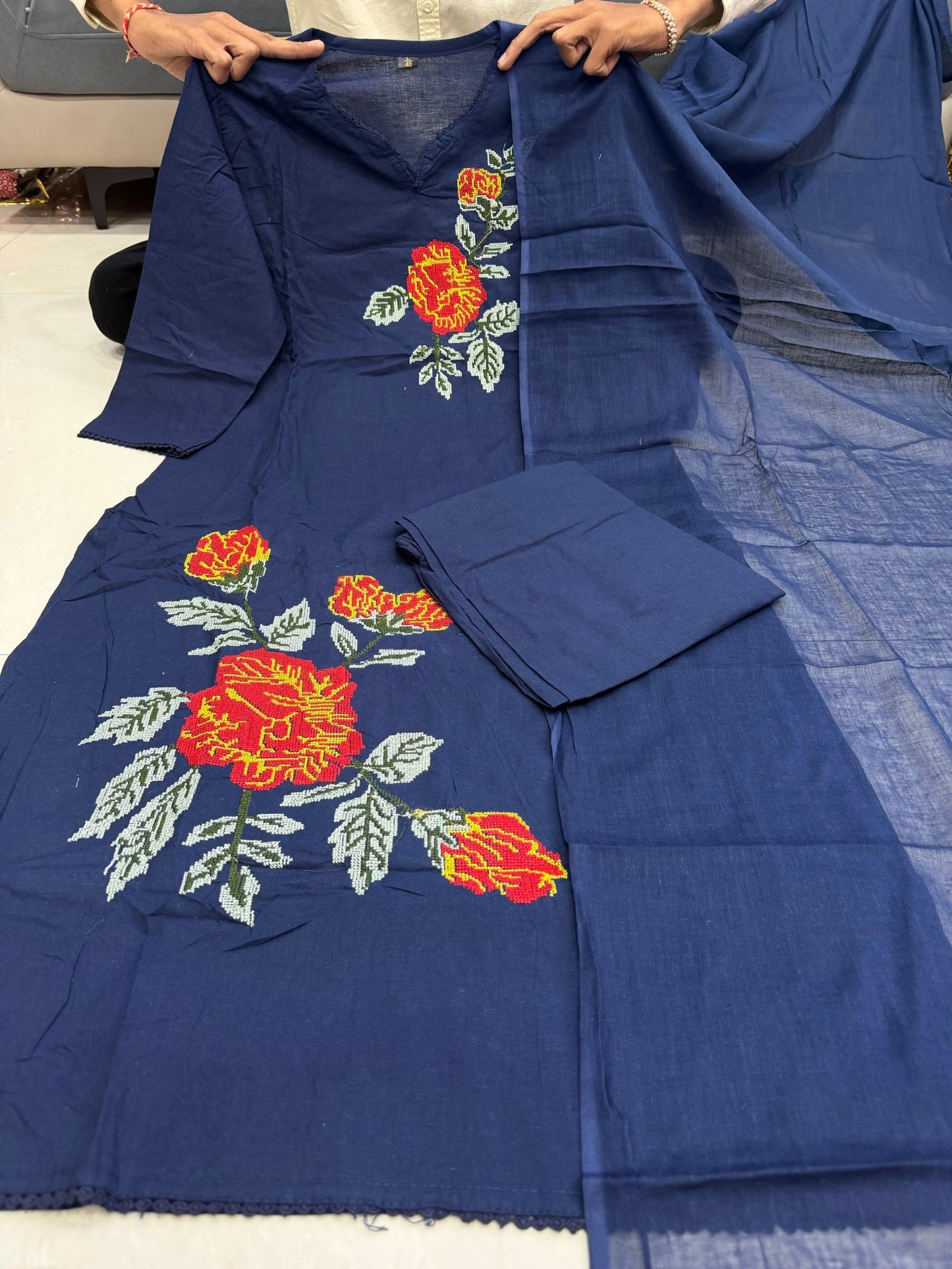Summer Premium Cotton Rose Embroidery Kurta Pant Dupatta Set