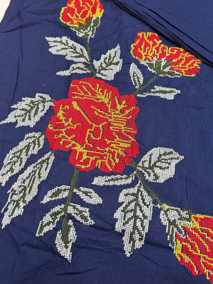 Summer Premium Cotton Rose Embroidery Kurta Pant Dupatta Set