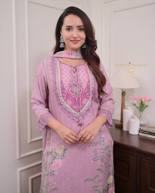 *Featuring Lilac Muslin Pakistani Suit which is beautifully decorated with digital prints and hand embroidery