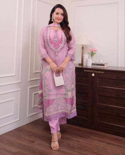 *Featuring Lilac Muslin Pakistani Suit which is beautifully decorated with digital prints and hand embroidery