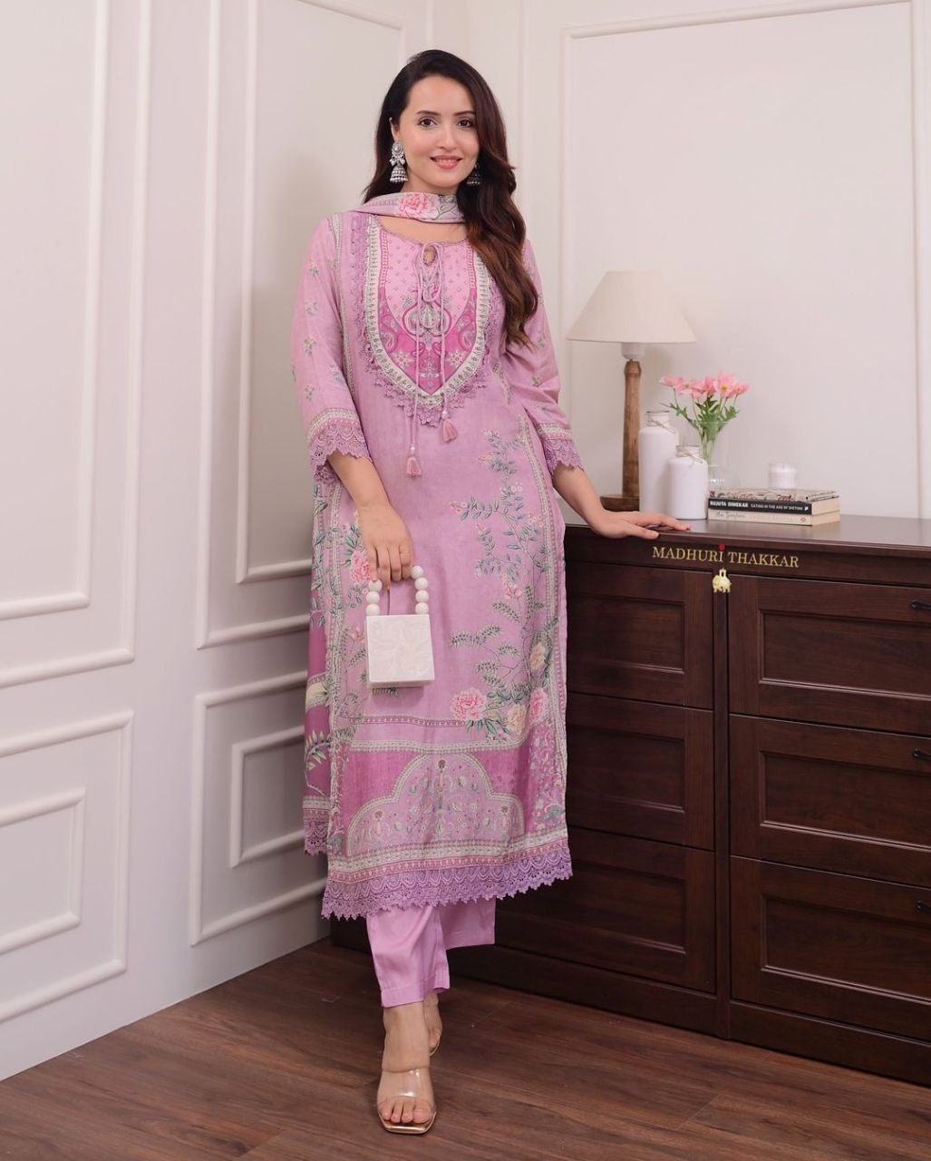 *Featuring Lilac Muslin Pakistani Suit which is beautifully decorated with digital prints and hand embroidery