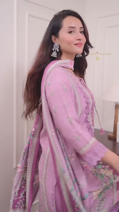 *Featuring Lilac Muslin Pakistani Suit which is beautifully decorated with digital prints and hand embroidery