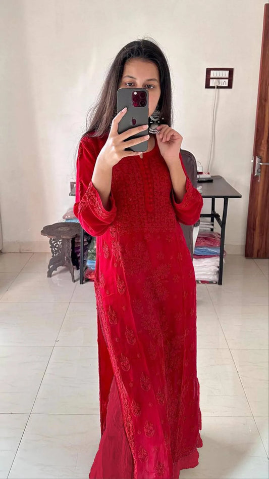 Red Chikankari Kurti Set With Dupatta For Women