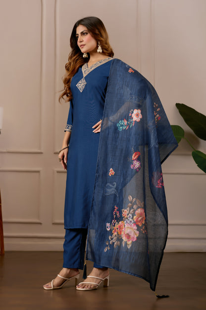 Navy Blue Embroidered Regular Pure Cotton Kurti with Pyjamas With Dupatta