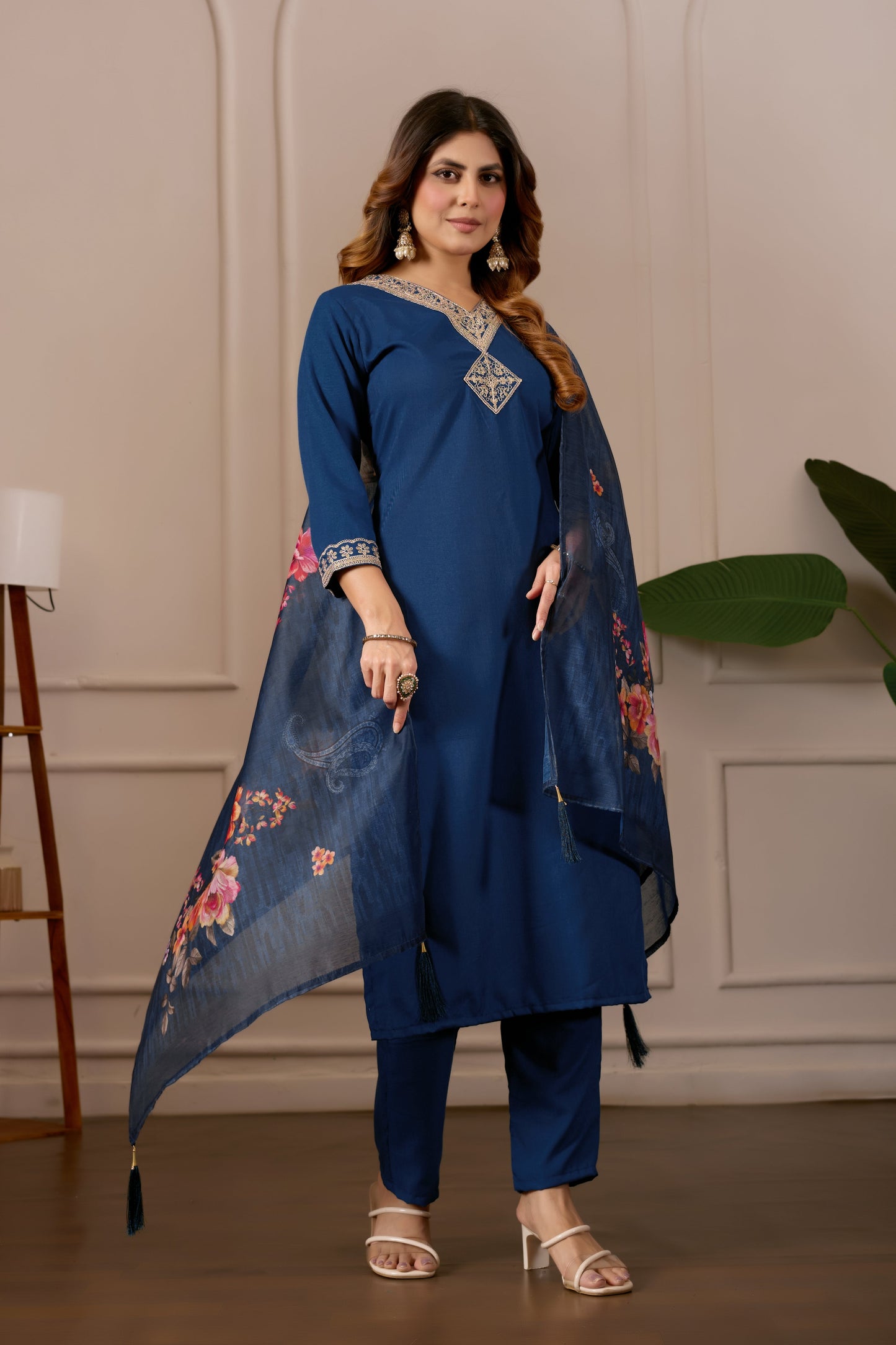 Navy Blue Embroidered Regular Pure Cotton Kurti with Pyjamas With Dupatta