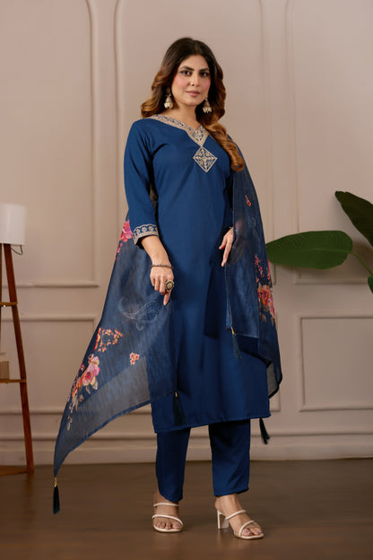Navy Blue Embroidered Regular Pure Cotton Kurti with Pyjamas With Dupatta