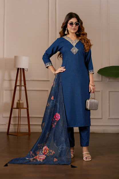 Navy Blue Embroidered Regular Pure Cotton Kurti with Pyjamas With Dupatta