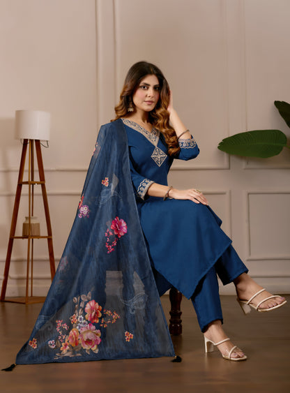 Navy Blue Embroidered Regular Pure Cotton Kurti with Pyjamas With Dupatta