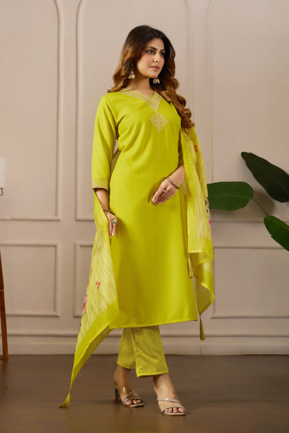 Green Embroidered Regular Pure Cotton Kurti with Pyjamas With Dupatta