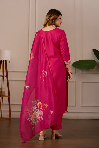 Pink Embroidered Regular Pure Cotton Kurti with Pyjamas With Dupatta