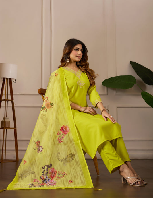 Green Embroidered Regular Pure Cotton Kurti with Pyjamas With Dupatta