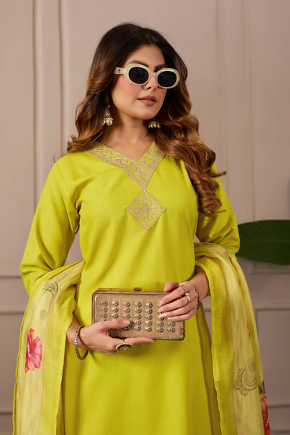 Green Embroidered Regular Pure Cotton Kurti with Pyjamas With Dupatta