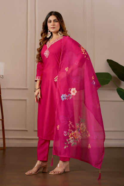 Pink Embroidered Regular Pure Cotton Kurti with Pyjamas With Dupatta