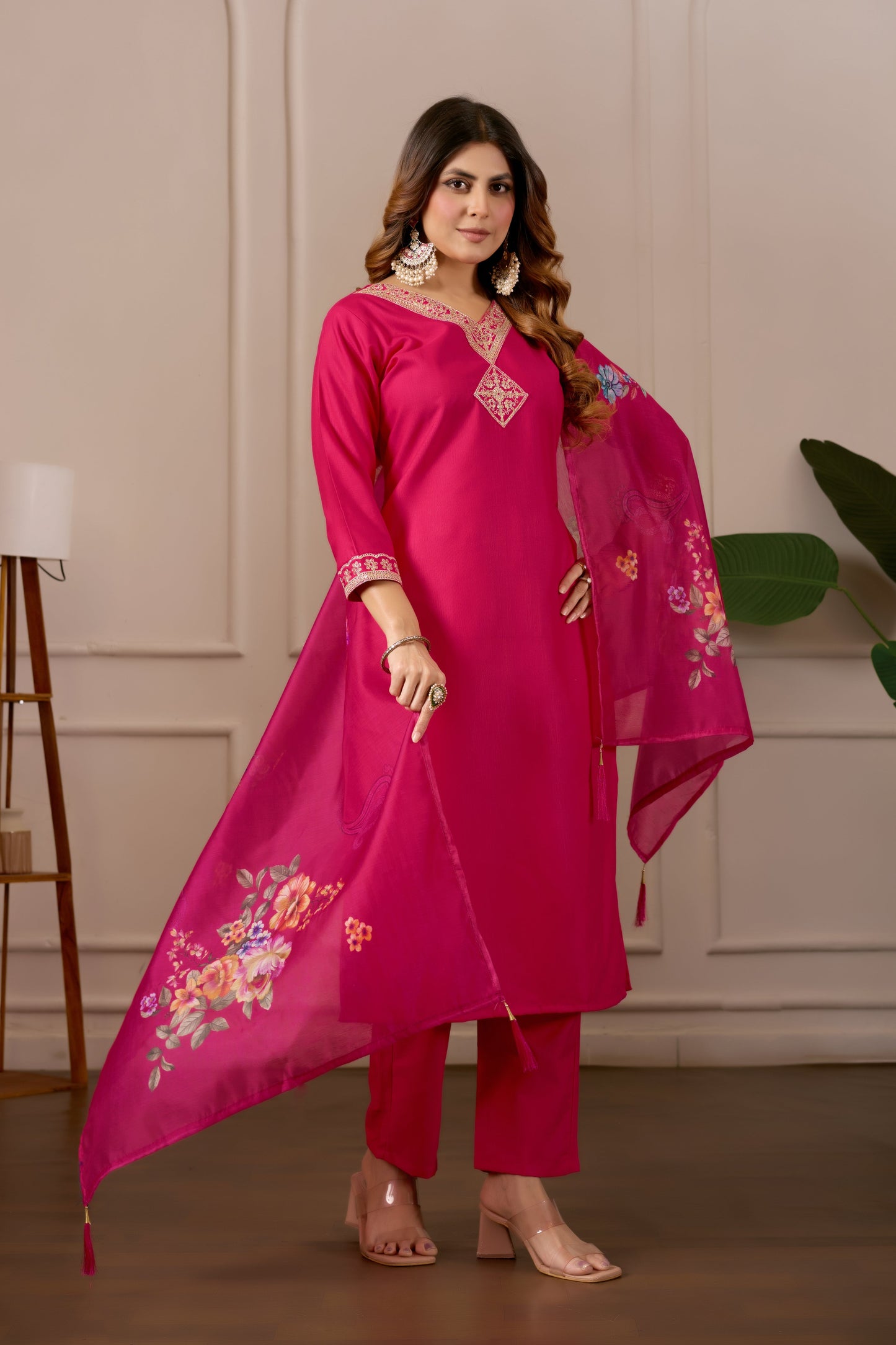 Pink Embroidered Regular Pure Cotton Kurti with Pyjamas With Dupatta