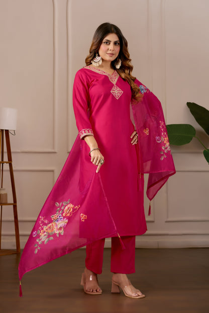 Pink Embroidered Regular Pure Cotton Kurti with Pyjamas With Dupatta