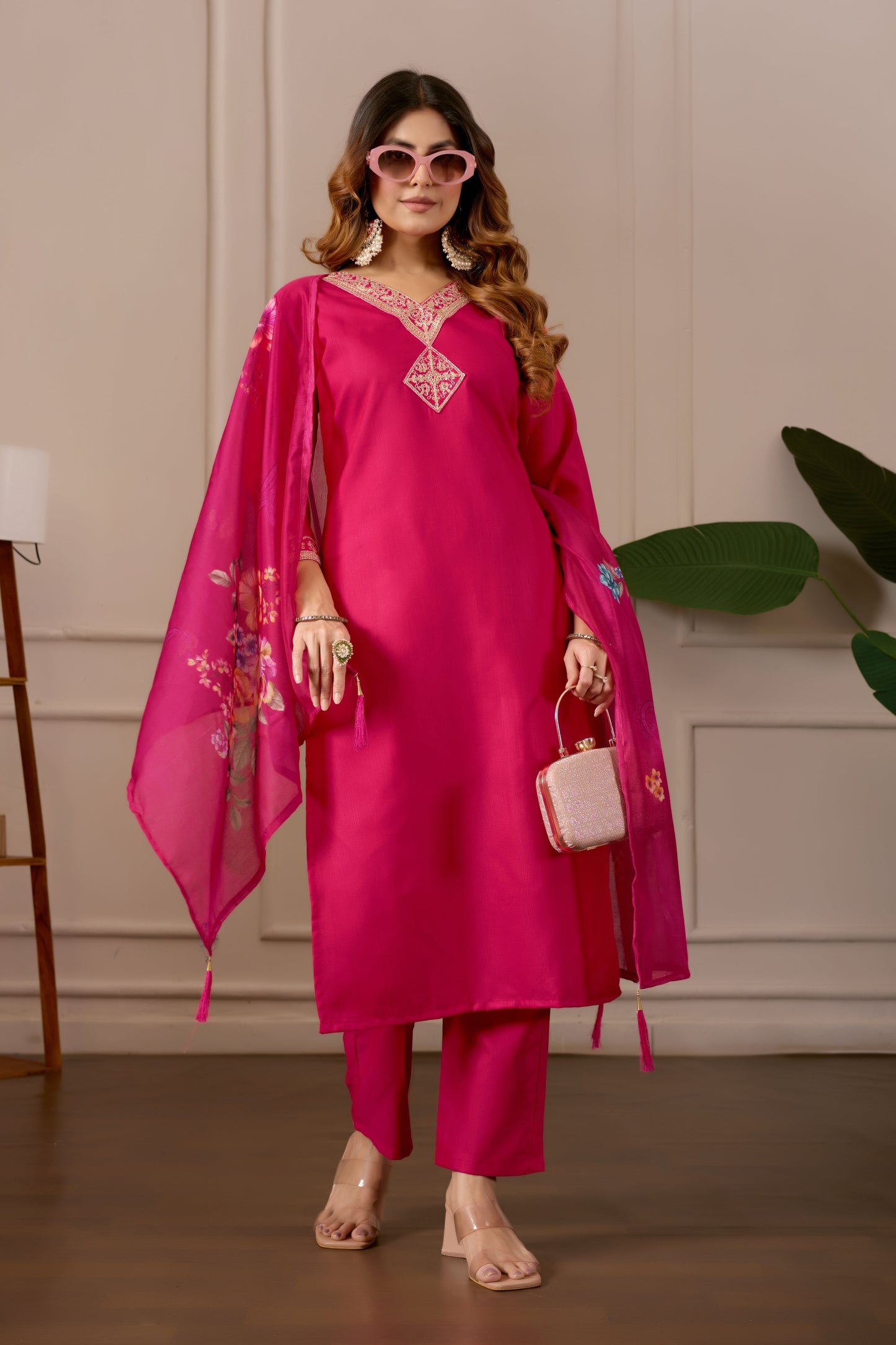 Pink Embroidered Regular Pure Cotton Kurti with Pyjamas With Dupatta