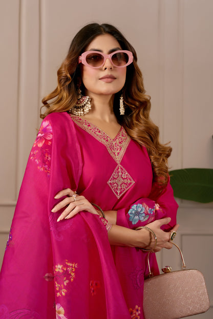 Pink Embroidered Regular Pure Cotton Kurti with Pyjamas With Dupatta
