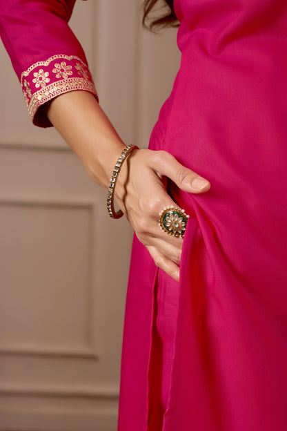 Pink Embroidered Regular Pure Cotton Kurti with Pyjamas With Dupatta