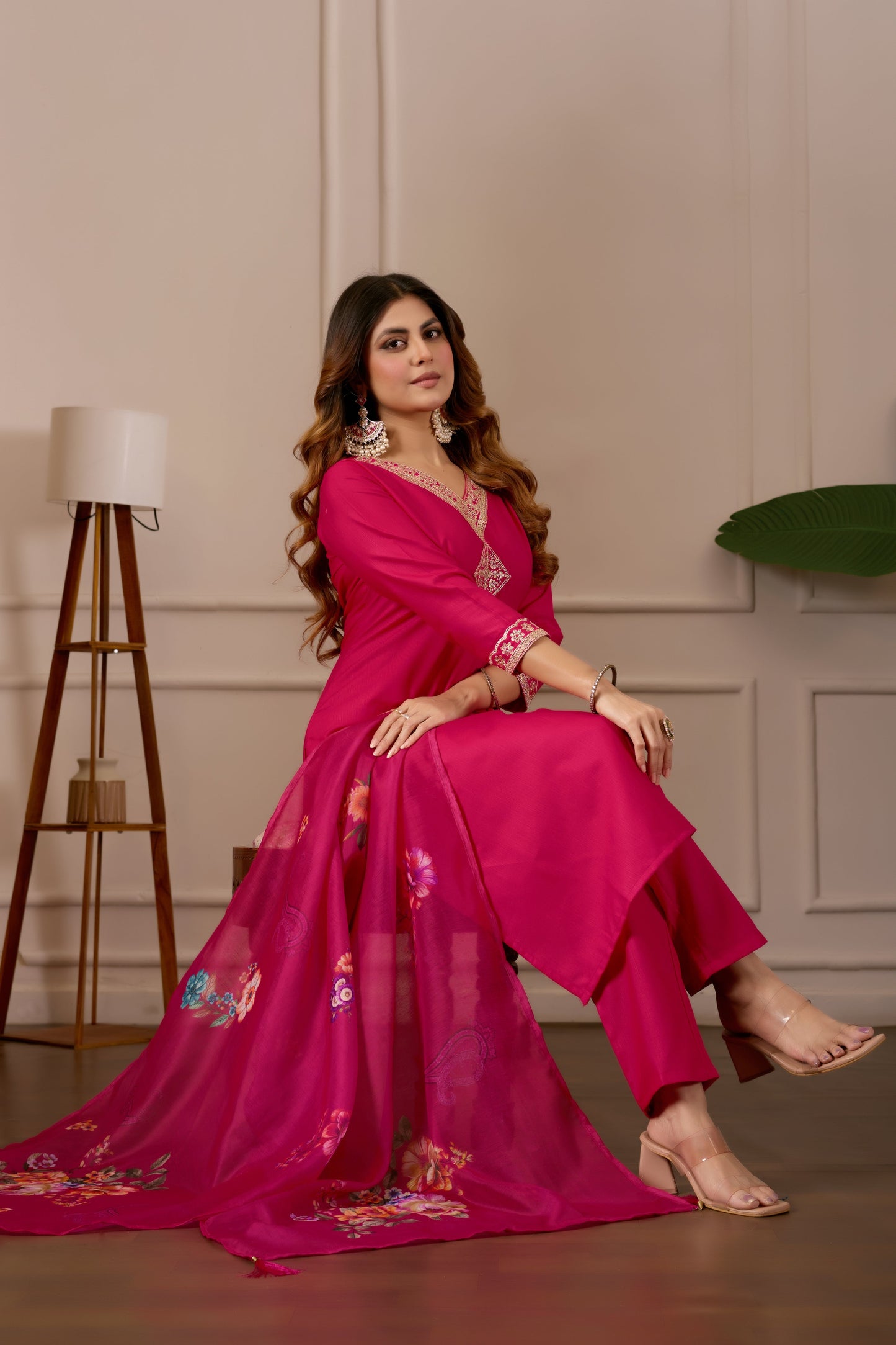 Pink Embroidered Regular Pure Cotton Kurti with Pyjamas With Dupatta